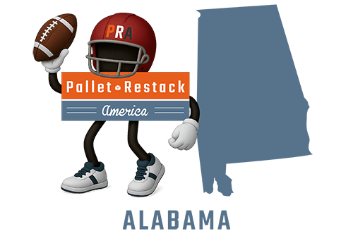 Alabama Pallet Restack America Mascot holding a football with the state map in the background