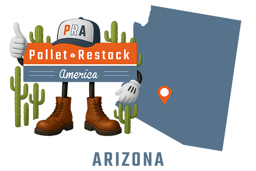Arizona Pallet Restack America Mascot standing in the middle of some cactus plants in the dessert with state map in the background