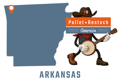 Arkansas Pallet Restack America Mascot strumming a banjo with state map in the background