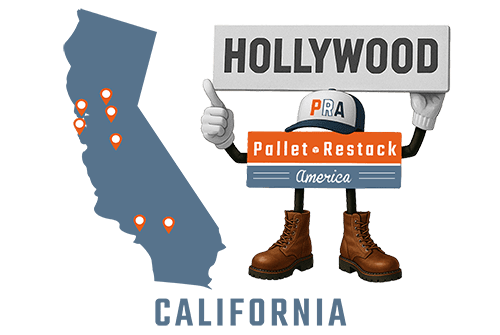California Pallet Restack America Mascot holding a Hollywood sign with state map in the background