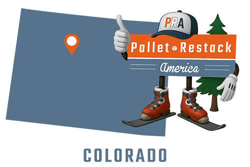 Colorado Pallet Restack America Mascot holding a tree with state map in the background