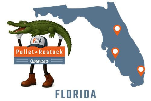 Florida Pallet Restack America Mascot holding an alligator over his head with state map in the background