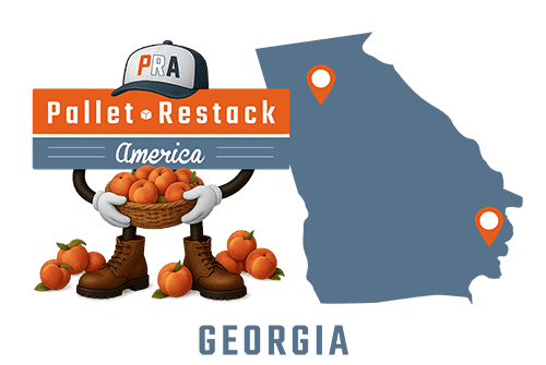 Georgia Pallet Restack America Mascot holding a basket of peaches with state map in the background