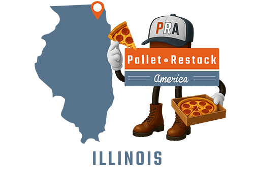 Illinois Pallet Restack America Mascot holding a Chicago-style pizza with state map in the background