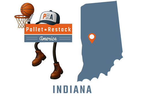 Indiana Pallet Restack America Mascot holding a basketball and dunking it in a hoop with state map in the background