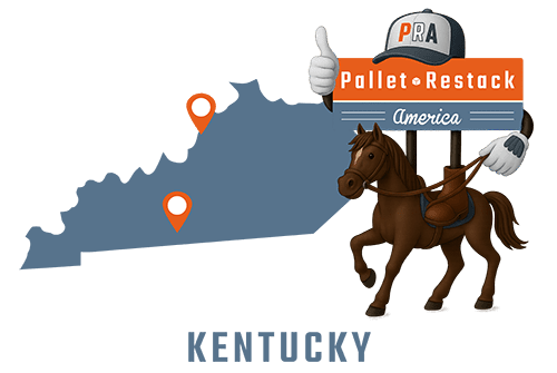 Kentucky Pallet Restack America Mascot riding on a horse at the Kentucky Derby with state map in the background