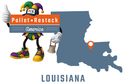 Louisiana Pallet Restack Louisiana Pallet Restack America Mascot wearing Mardi Gras clothing with state map in the background