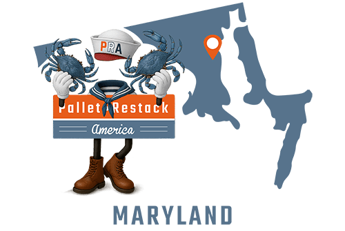 Maryland Pallet Restack America Mascot wearing a sailors cap and holding crabs with state map in the background