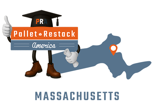 Massachusetts Pallet Restack America Mascot holding a diploma and wearing a graduation cap with state map in the background