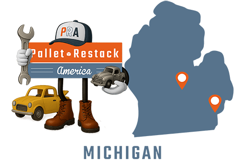 Michigan Pallet Restack America Mascot holding a car and a wrench with state map in the background
