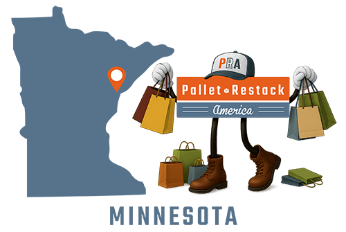 Minnesota Pallet Restack America Mascot holding up shopping bags with state map in the background