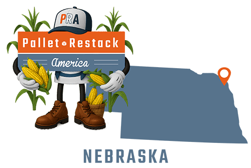 Nebraska Pallet Restack America Mascot holding up stalks of corn with state map in the background