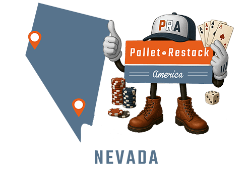 Nevada Pallet Restack America Mascot holding up cards with dice and casino chips off to the side and with the state map in the background