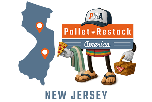 New Jersey Pallet Restack America Mascot holding beach towel, pizza and a picnic lunch with state map in the background