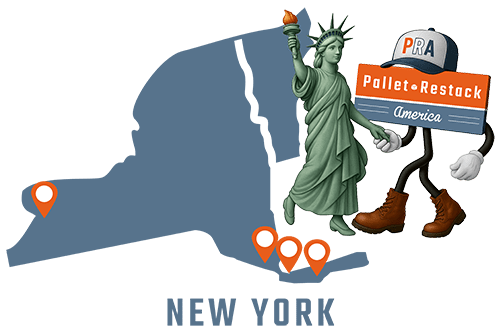 New York Pallet Restack America Mascot holding the Statue of Liberty's hand with state map in the background