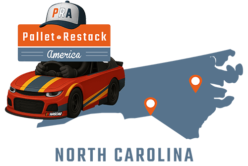 North Carolina Pallet Restack America Mascot driving a racecar at Nascar with state map in the background