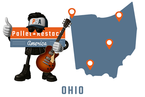 Ohio Pallet Restack America Mascot holding a guitar, wearing sunglasses and a wig with state map in the background