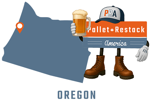 Oregon Pallet Restack America Mascot holding up a glass of beer with state map in the background