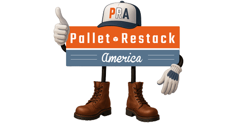 Pallet Restack Mascot Pallet Restack America mascot wearing boots, giving a thumbs up, and wearing a PRA cap