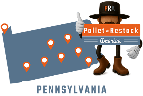 Pennsylvania Pallet Restack America Mascot wearing an Amish hat with state map in the background