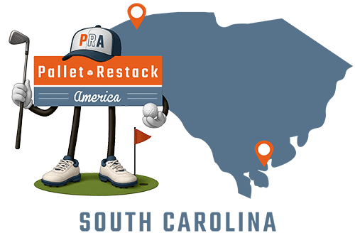 South Carolina Pallet Restack America Mascot holding golf club, golf ball and standing on a golf course with state map in the background