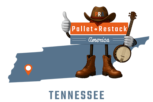 Tennessee Pallet Restack America Mascot holding a banjo and wearing a cowboy hat with state map in the background