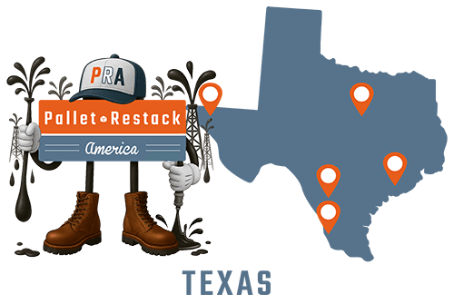 Texas Pallet Restack America Mascot with oil splashing from around his feet with state map in the background