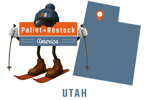 Utah Pallet Restack America Mascot holding ski poles in his hands with skis on his feet with state map in the background