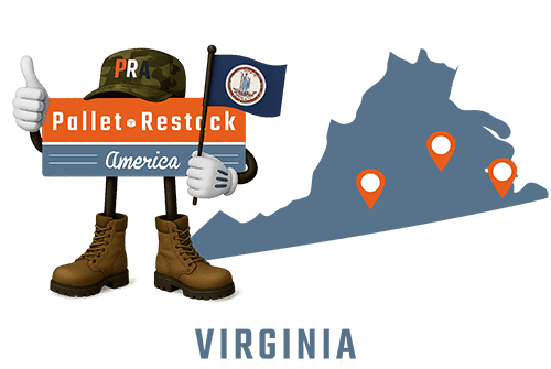 Virginia Pallet Restack America Mascot holding a flag and wearing a camo cap with state map in the background