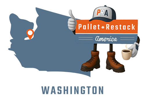 Washington Pallet Restack America Mascot holding a cup of coffee with state map in the background