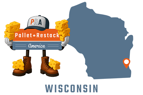 Wisconsin Pallet Restack America Mascot holding up wedges of cheese with state map in the background